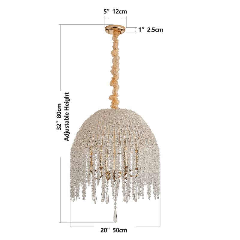 20 Inch 6-Light K9 Crystal Pendant Light Chandelier- Elegant Waterfall Design with Cascading Crystal Bead Strings - Gold