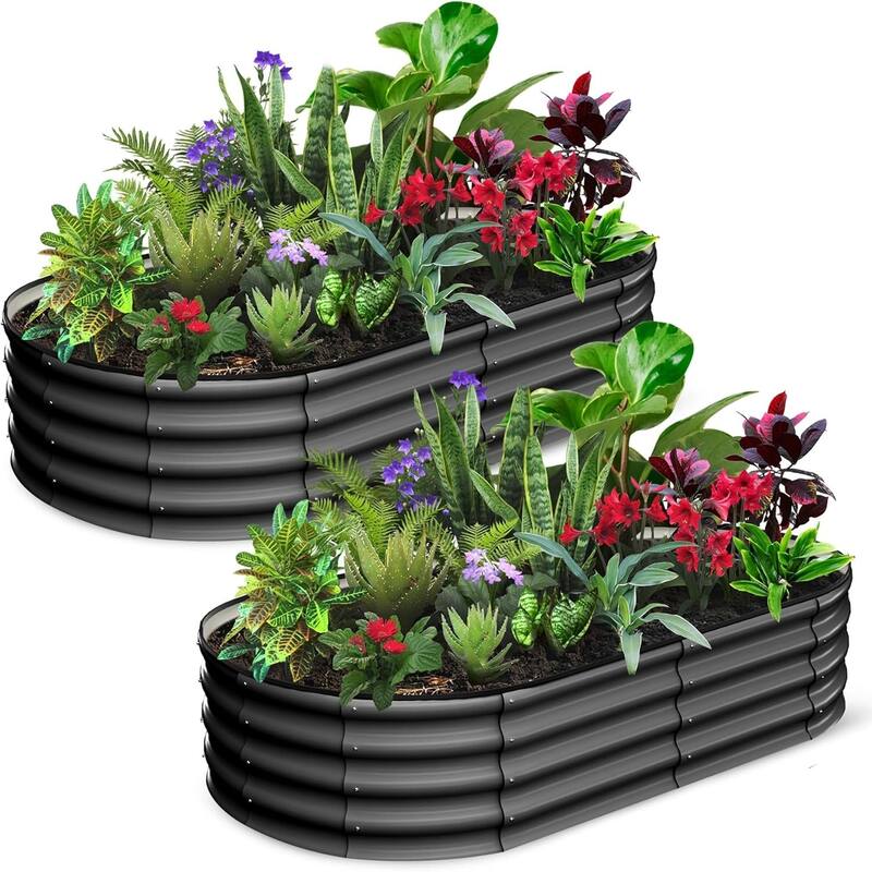 2-Pack Galvanized Steel Oval Raised Garden Beds (6*3*1.5FT) - Large Metal Planter Box with Open Base Off-White - Grey