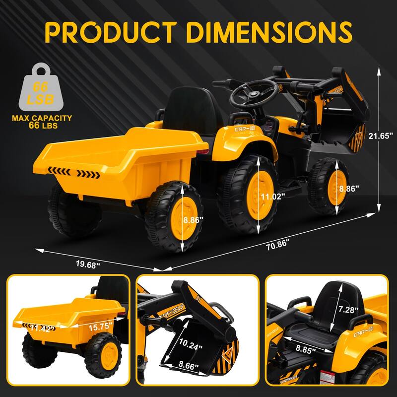 Electric Vehicles with Remote Control, Digger, LED Lights, Music, Ride On Car Toy for Kids
