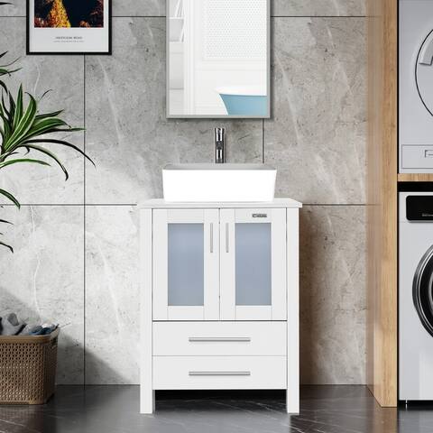 24" Bathroom Vanity White Set Glass/ Ceramic Vessel Sink Cabinet Mirror Faucet Drain Free Standing Combo