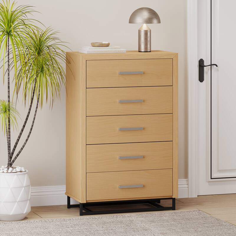 Roomfitters Vertical Wood Storage Cabinet with 5 Compartments and Black Metal Base, Modern Organizer, Natural
