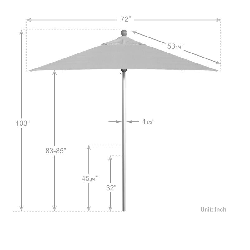 California Umbrella 6' Sq. Aluminum Frame, Fiberglass Rib Patio Umbrella, Push Open, Anodized Sliver Finish, Sunbrella Fabric