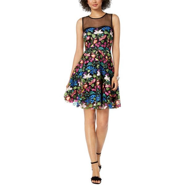 tahari embroidered fit and flare dress
