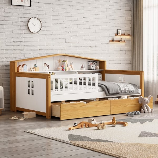 slide 2 of 32, Wooden Daybed with Storage Shlef, Montessori Platform Bed Frame with Headboard and Guardrails Drawer - Twin - Twin