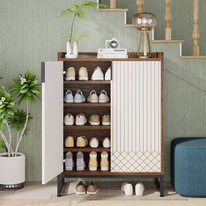 25 Pairs Shoe Cabinet with Doors, 5 Tiers Shoes Rack Organizer Cabinet - 5-Tier - White and Brown