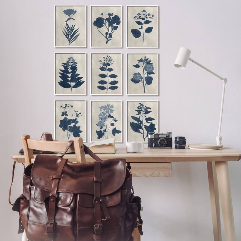 Stupell Beautiful Botanical Silhouette Floral Plants Design Framed 9 piece Wall Art - Blue