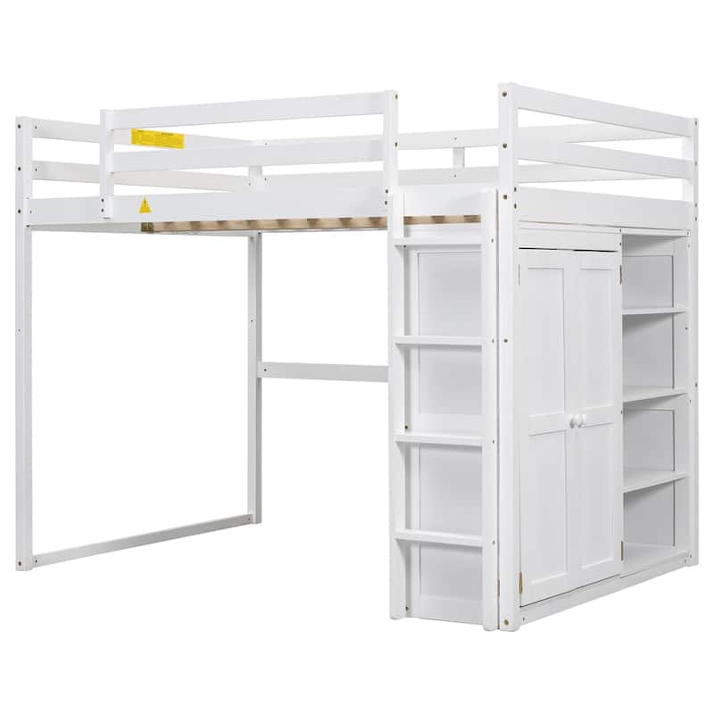Wood Full Size Loft Bed with Built-in Wardrobe and Storage Shelves