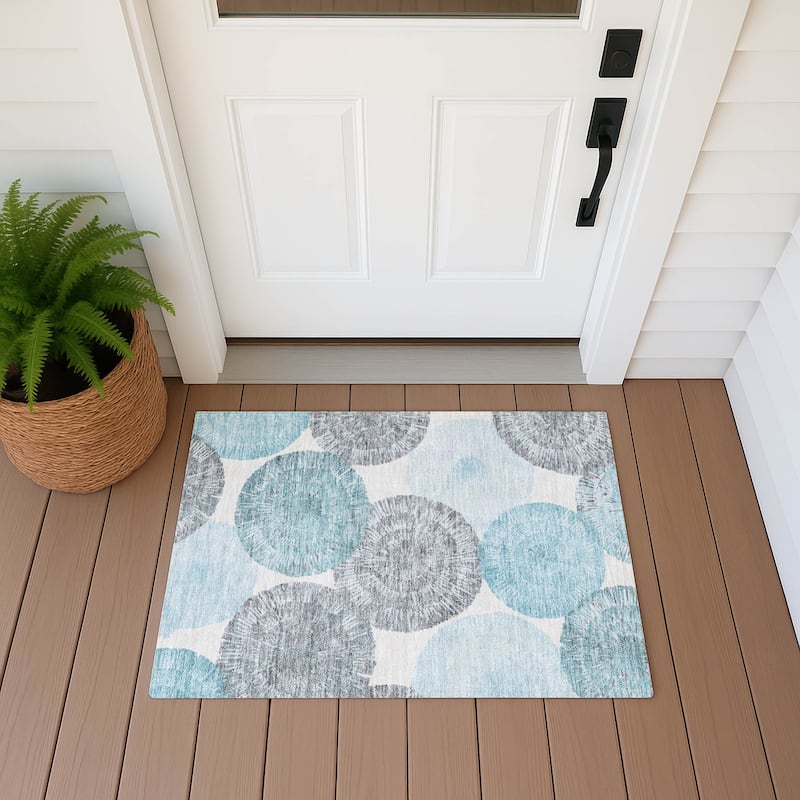 Machine Washable Indoor/ Outdoor Contemporary Devaughn Chantille Rug - Teal - 1'8" x 2'6"