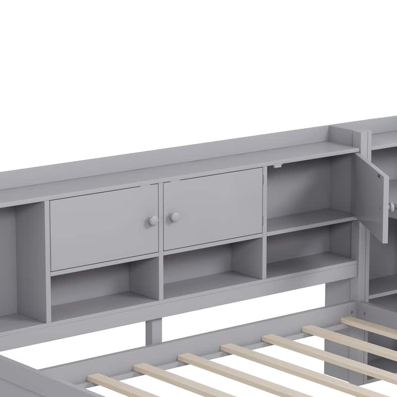 Full Size Wood Daybed with L-Shape Design - 3 Storage Cabinets, 2 Drawers and Built-in Study Desk
