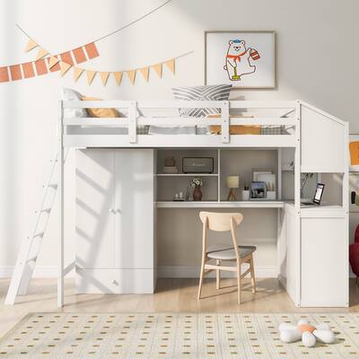 Nestfair Twin Size Wooden Loft Bed with Wardrobe and Desk