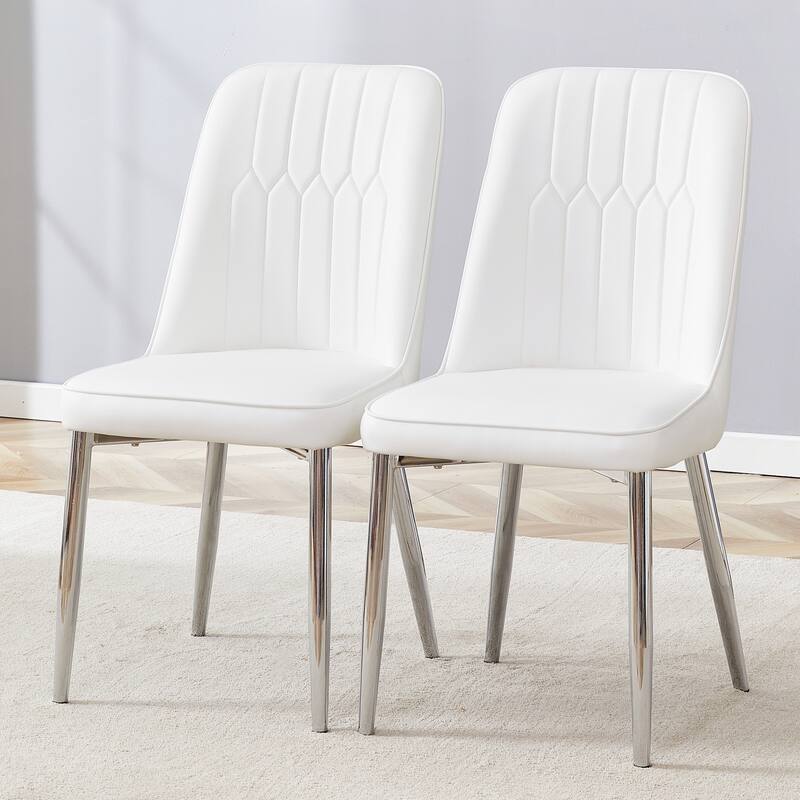 2 modern dining chairs, smooth PU leather backrest and silver-toned metal legs for a comfortable home experience - White+Silver