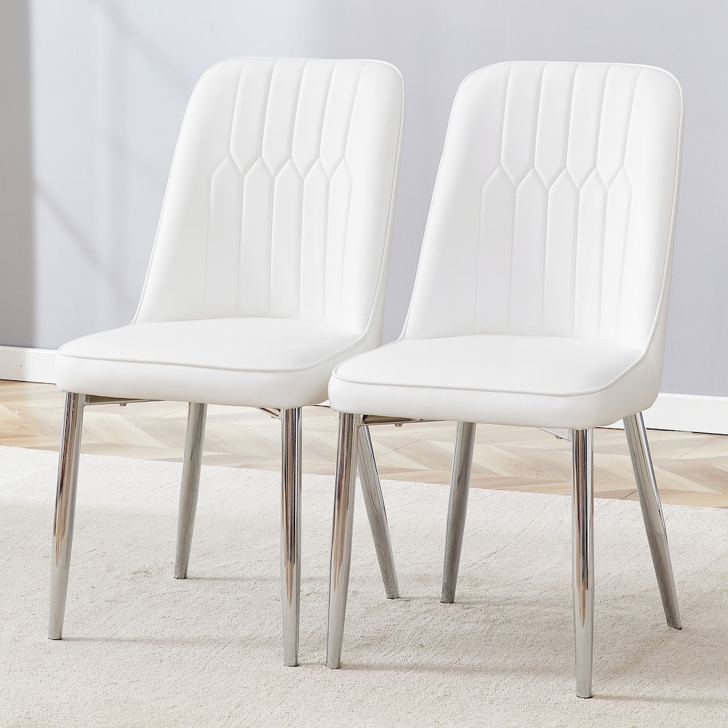 2 modern dining chairs, smooth PU leather backrest and silver-toned metal legs for a comfortable home experience