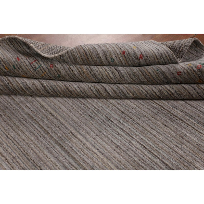 Earth Tone Striped Gabbeh Square Area Rug Hand-Knotted Wool Carpet - 8'0" X 7'10"