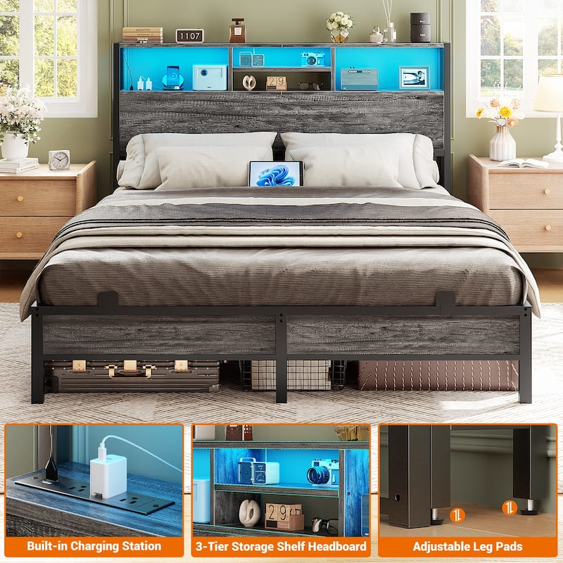 Headboard with Storage and Charge Station, Platform Bed Heaboard with LED Lights