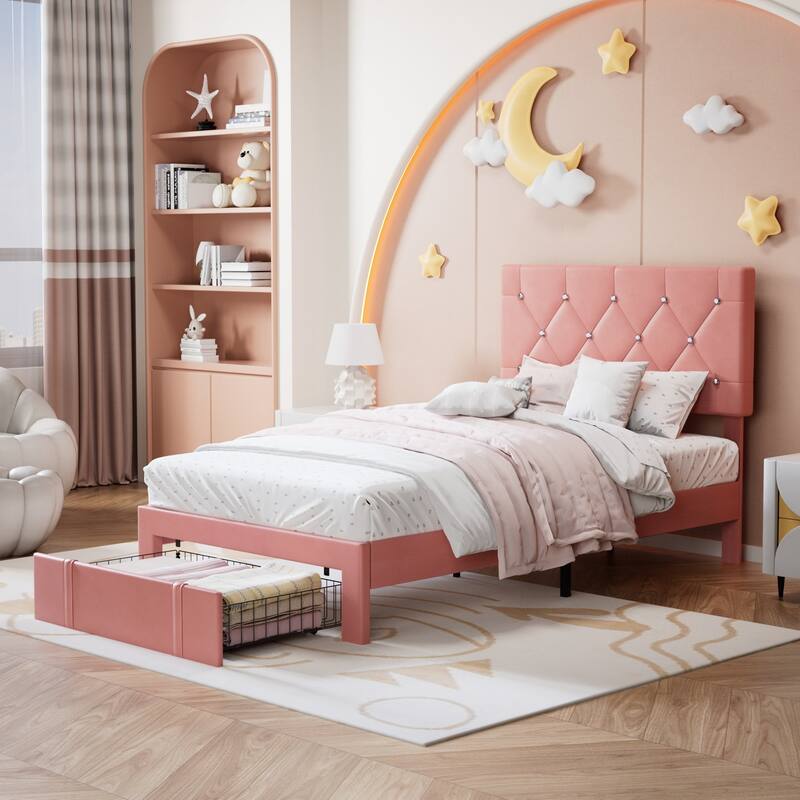 VECELO Bed Frame with Storage Drawers Leather Upholstered with Diamond Tufted Headboard Solid Wood Slat Support