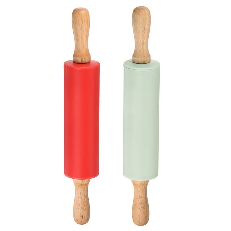Silicone Rolling Pins for Baking Wood Handle 31cm x 4.2cm Red & Light Green - Red & Light Green