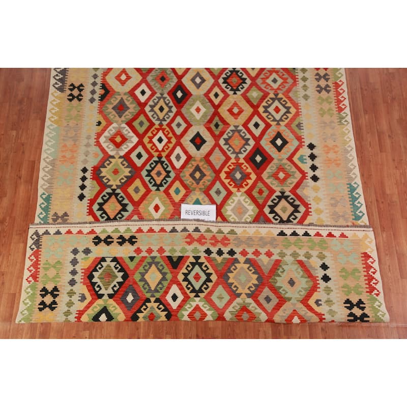 Geometric Kilim Oriental Area Rug Hand-Woven Tribal Wool Carpet - 8'0"x 11'3"