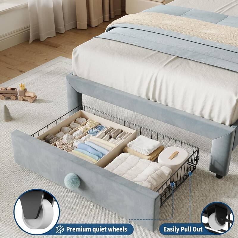 Upholstered Bed Frame for Kids with Storage Drawer and Scallop Headboard, No Box Spring Needed