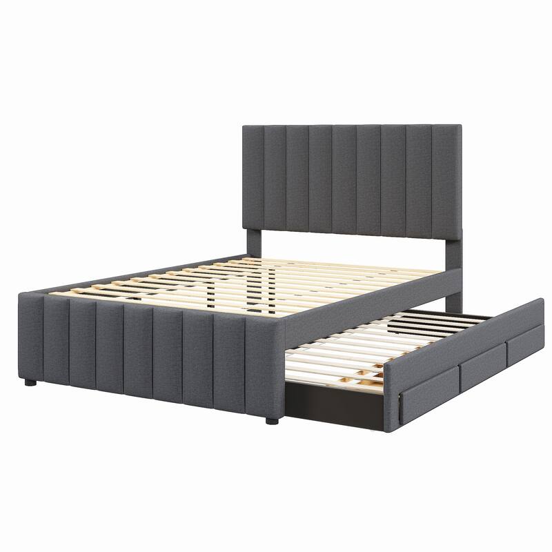 Full Size Upholstered Platform Bed Frame with Twin Size Trundle and 3 Storage Drawer, Linen Fabric for Comfort and Style