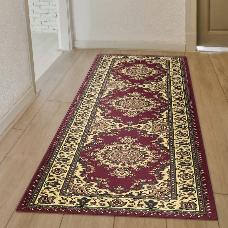 Admire Home Living Caroline Traditional Medallion Area Rug - 2'2" x 7'7" Runner - Burgundy