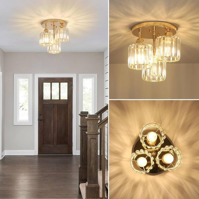 3-Light Semi Flush Mount Ceiling Light with Clear Crystal Shades