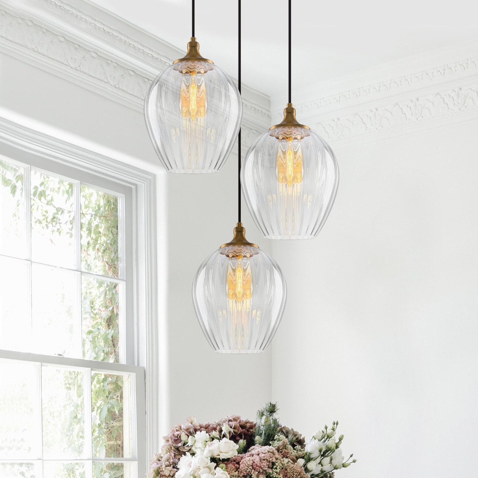 3-Light Modern Cluster Hanging Pendant Light Ribbed Clear Glass - Dia.13.78inch