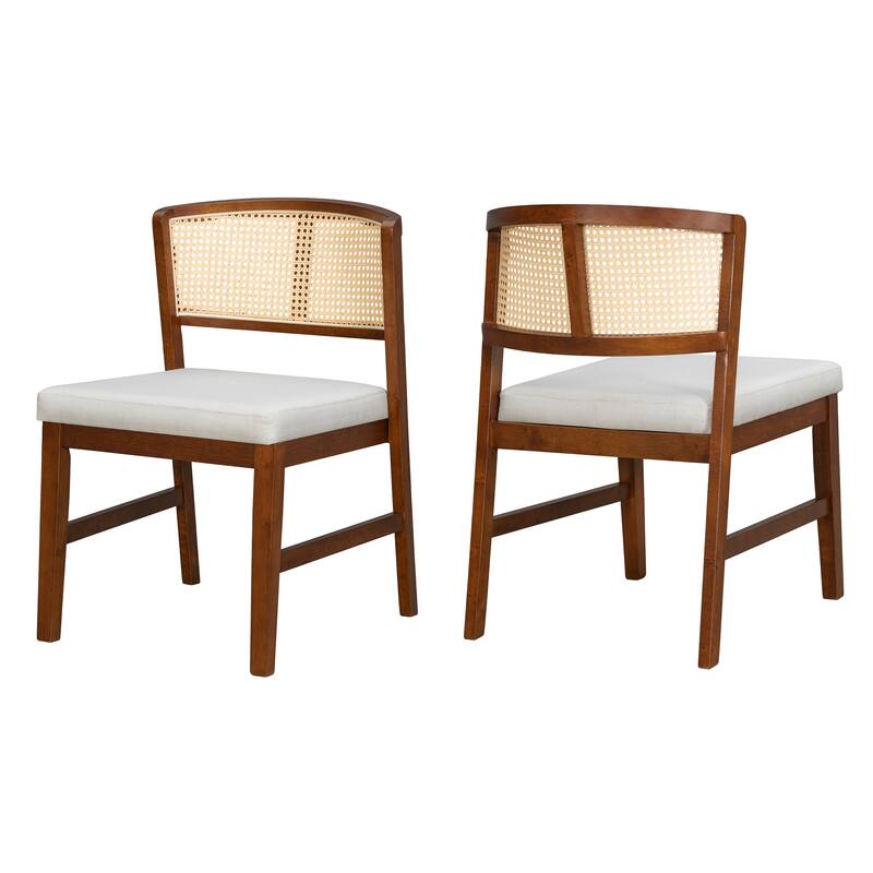 Rattan Dining Chairs Set of 2, Fabric Upholstered Kitchen Side Chair, Curved Rattan Back