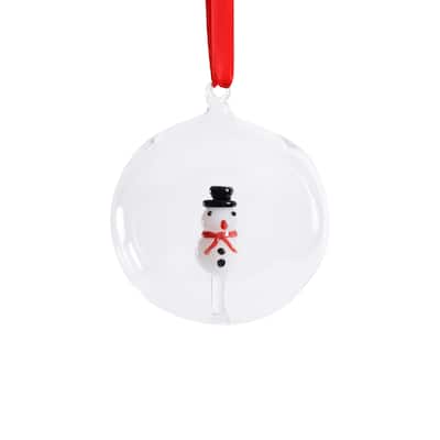 Clear 4.75" Glass Ball Christmas Ornaments with Holiday Snowman Motif, 4-Piece Set