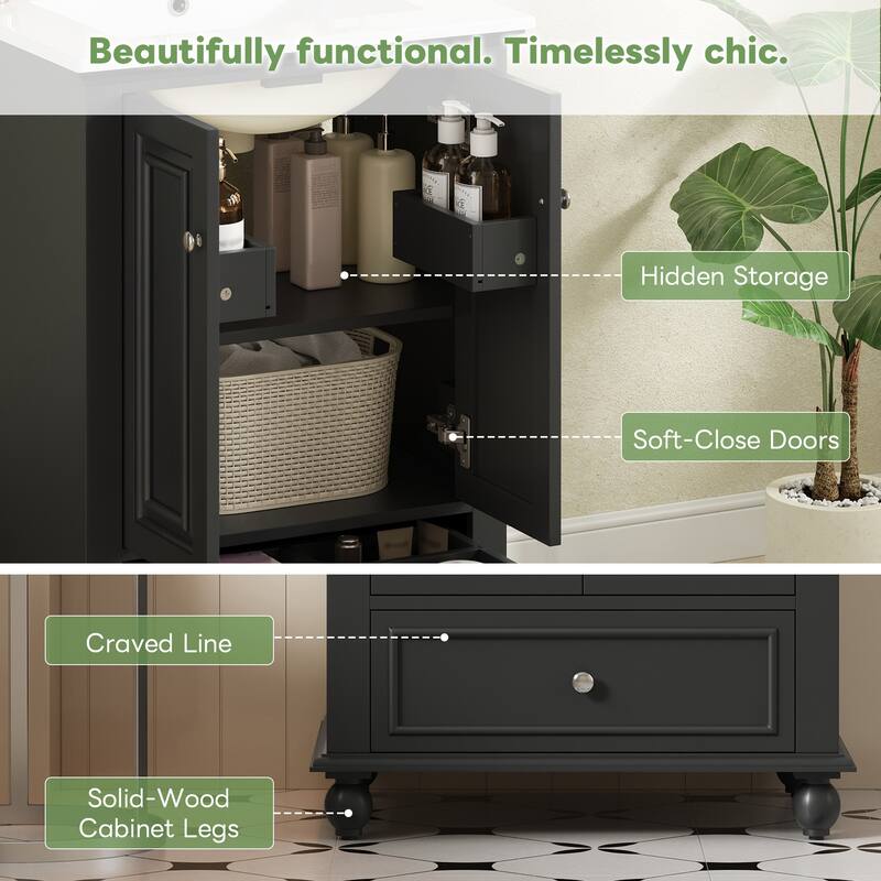 24" Bathroom Vanity with Ceramic Sink, Freestanding Storage Cabinet with Soft-Closing Doors & Drawer Dividers