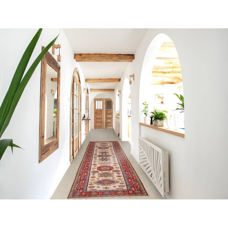 Geometric Beige Kazak Oriental Runner Rug Handmade Wool Carpet - 2'9" x 12'10"