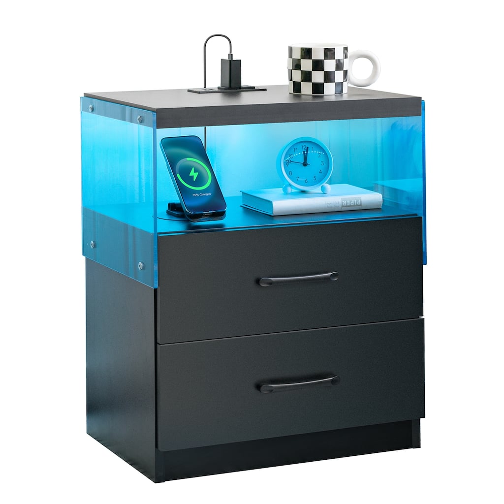 LED Nightstand with Adjustable Colors, 2 Drawers, and Power Sockets for Bedroom & Living Room