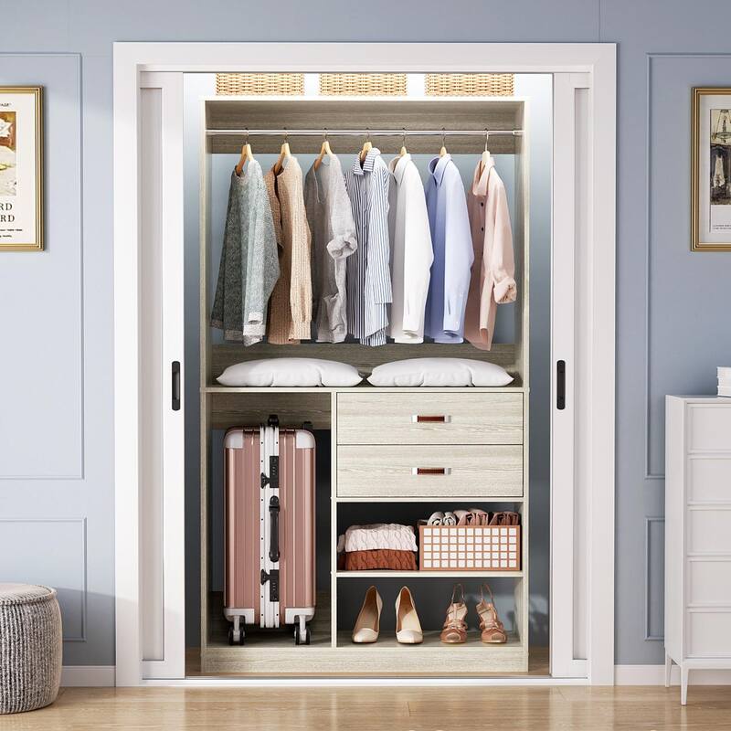 Rackcog Freestanding Closet Organizer with Hanging Rod, Closet System Wardrobe with Wood Drawers - White Oak