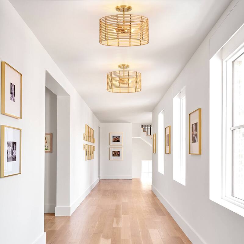 2-Light Bohemian Rattan Semi-Flush Mount Ceiling Light