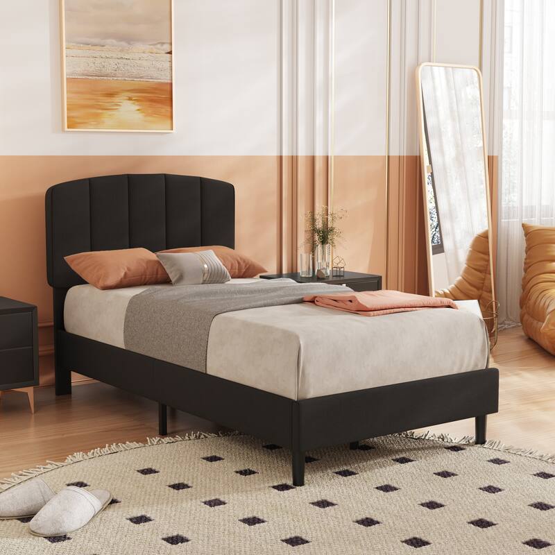 Alazyhome Upholstered Platform Bed Frame with Bedside Cupboard - Black - Twin