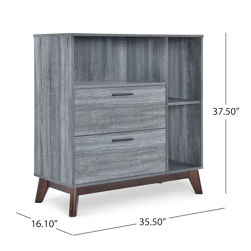 Roomfitters Mid-Century Modern Storage Cabinet with Two Drawers and Open Shelves, Wood Grain Finish