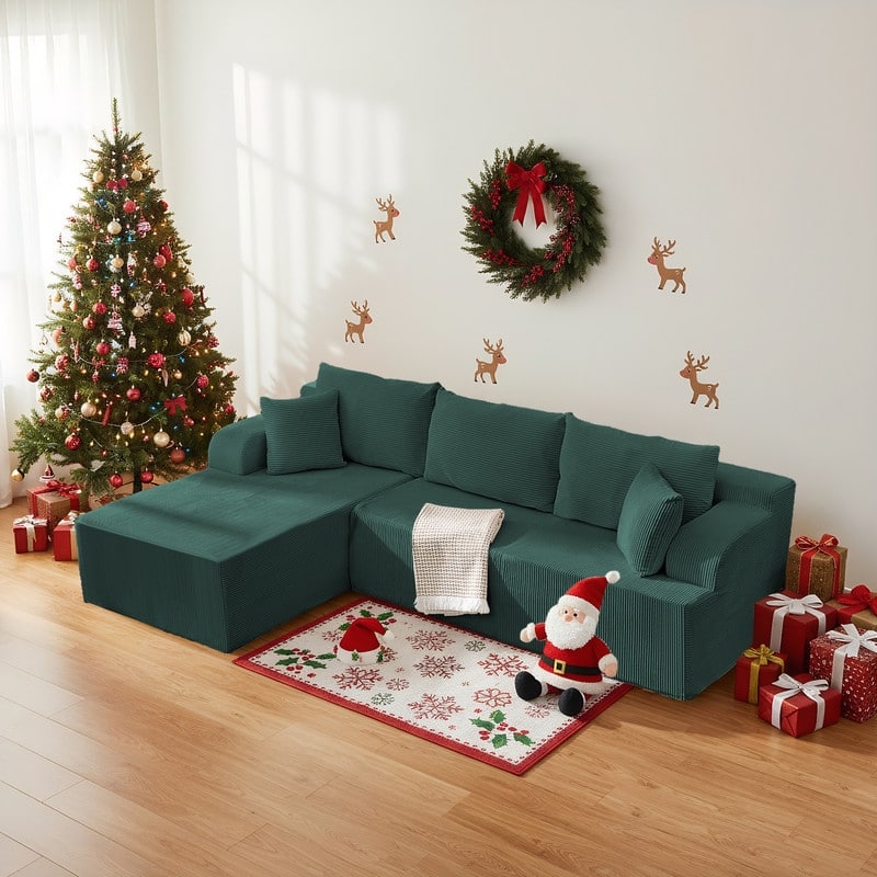 Mixoy 2-Pcs Free Combination Modular Sectional Sofas with Deep Seat,Corduroy L-Shaped Sofa with Chaise Lounge - 3-Seater - Green - Reversible