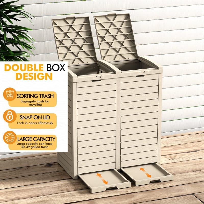 Outdoor Patio Storage Resin Lockable Deck Box - Double Trash Can Brown