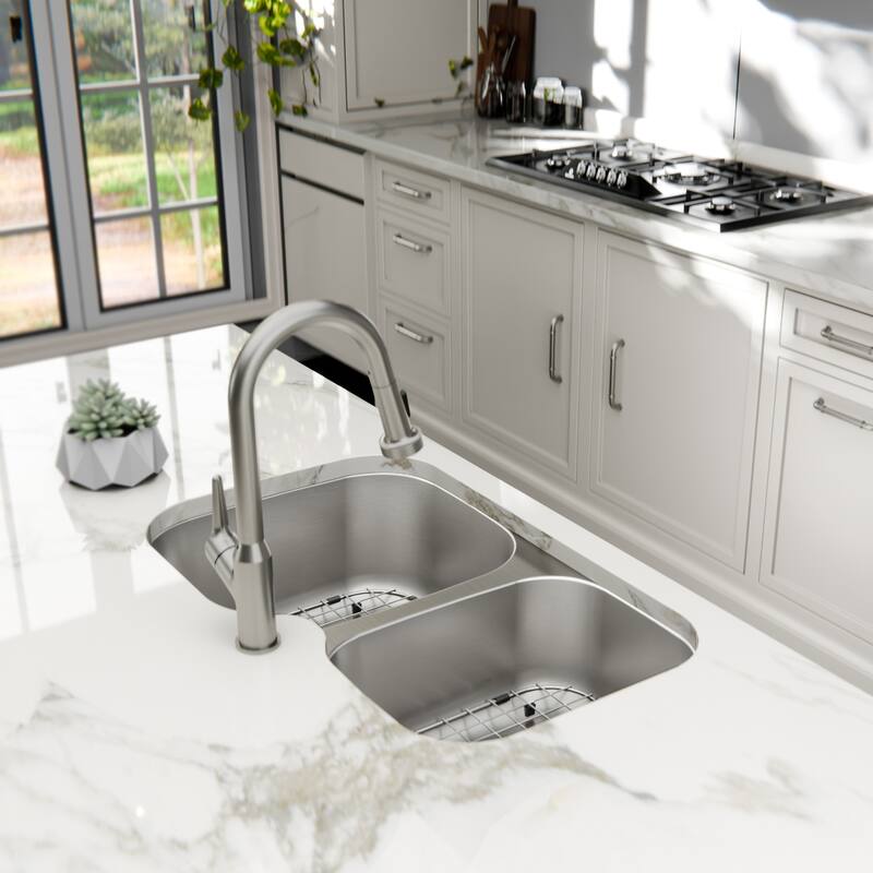 Karran Profile 31" Undermount 18 Gauge Double Offset Bowl Stainless Steel Kitchen Sink with Accessories
