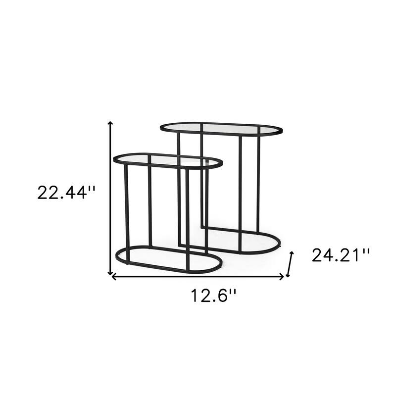 HomeRoots Set of Two 13" Clear and Black Glass and Metal Tray Tables - 12.60 in. x 22.44 in. x 24.21 in.