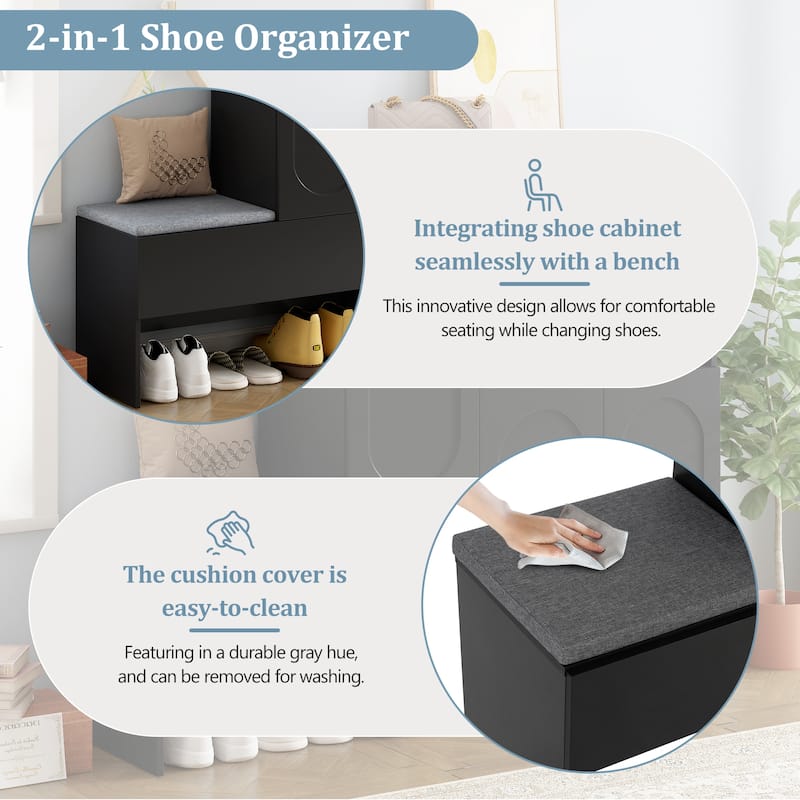 Wood Shoe Cabinets with Soft Cushion,Doors and Adjustable Shelves