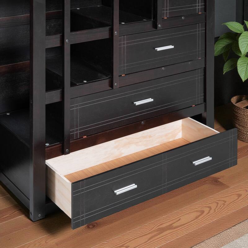 Full Over Full Bunk Bed with Twin Trundle and Storage Staircase, Solid Wood Frame, Space-Saving Design