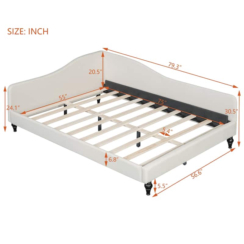 L-Shaped Daybed Linen Upholstered Wood Slat Bed with Solid Wood Legs and Curved Armrest & Backrest for Bedroom Living Room