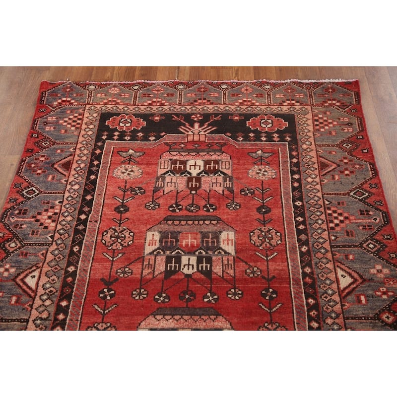Geometric Hamedan Persian Vintage Runner Rug Hand-Knotted Wool Carpet - 3'9"x 9'5"