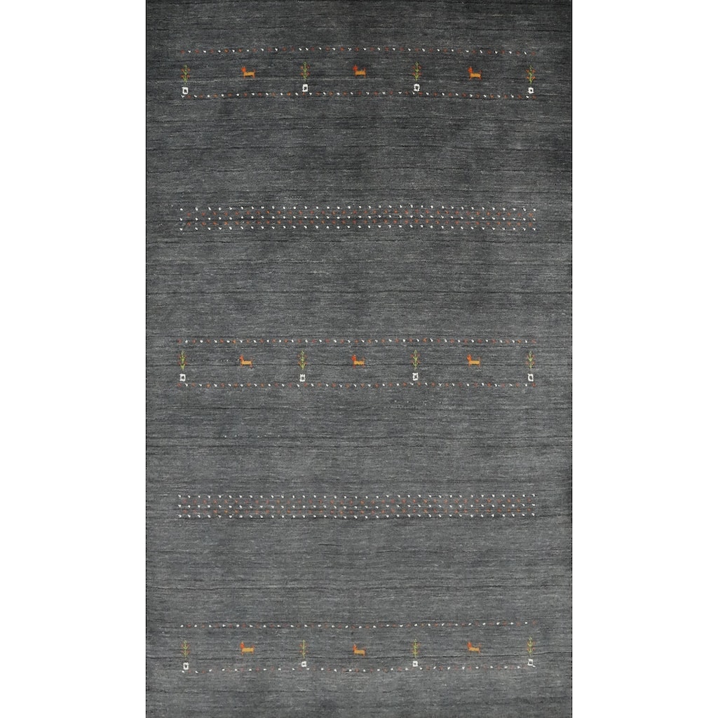 Hand Knotted Oriental 100% Wool Carpet Tribal Animal Pictorial Greys & Charcoal Gabbeh Area Rug - 7' 8'' X 5' 0''
