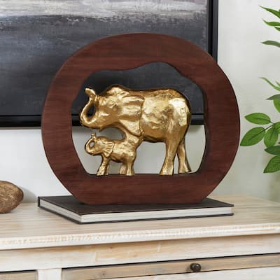 Gold Aluminum Metal Elephant Sculpture with Brown Wooden Frame