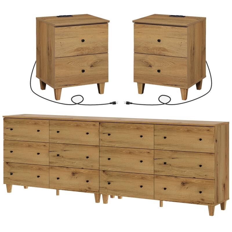 WAMPAT 12-Drawer Dresser and Nightstands Set of 3 for Bedroom - Oak Brown - 3 Piece