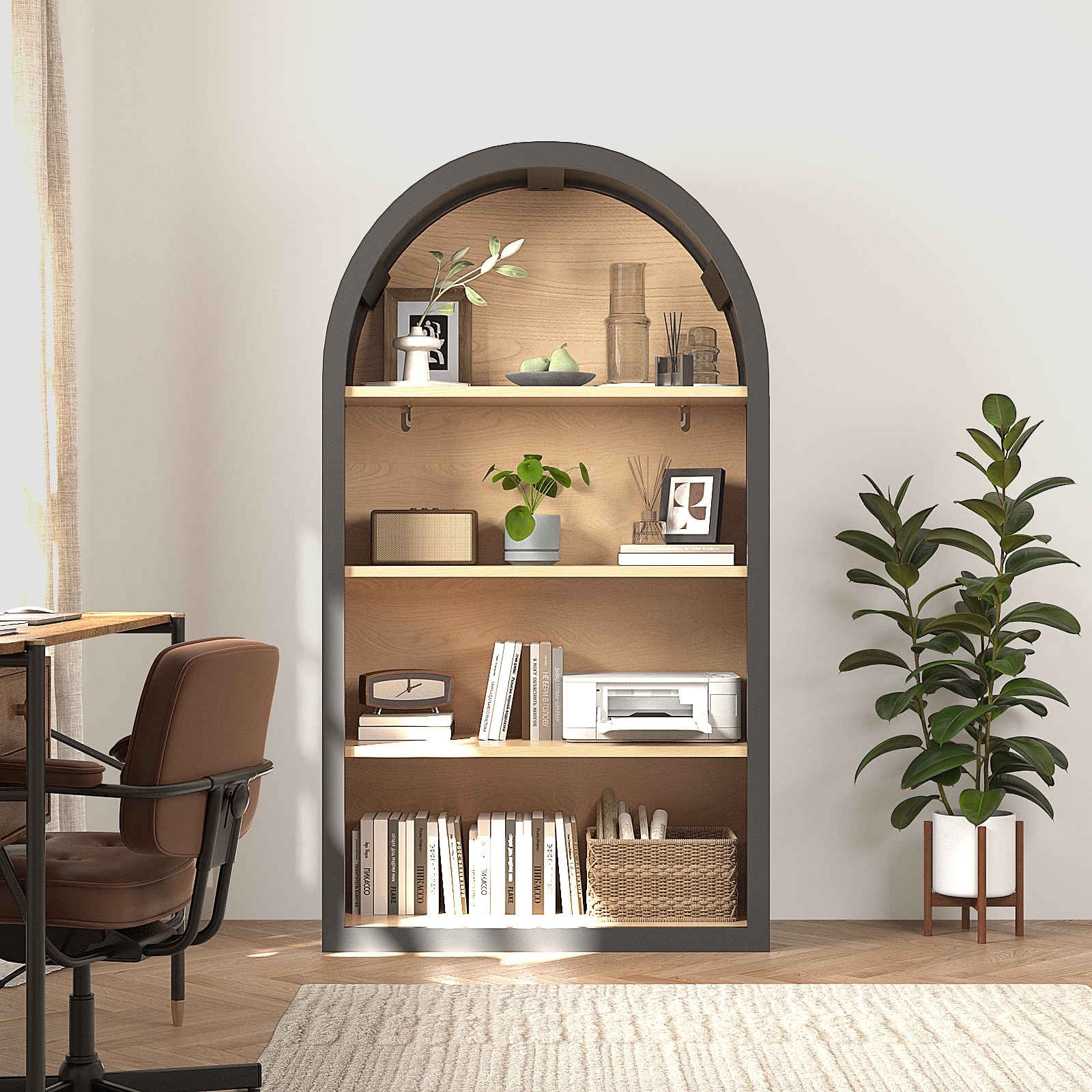 Modern MDF 4-Tier Arched Bookcase with Open Storage Shelves and Anti-Tip Kit, Black by GDFStudio