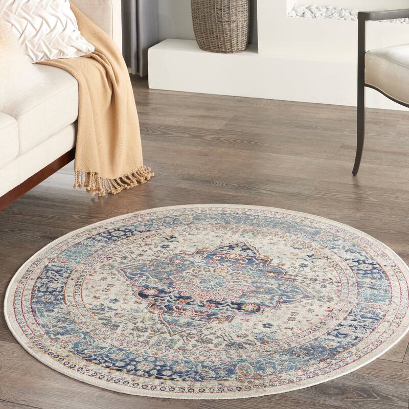 Nourison Vintage Kashan Persian Medallion Area Rug - 4'  Round - Ivory Blue - Round