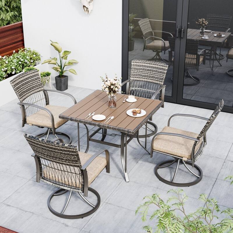 5-Piece Metal Patio Outdoor Dining Set with Square Table and Rattan Swivel Chairs with Cushion - Beige
