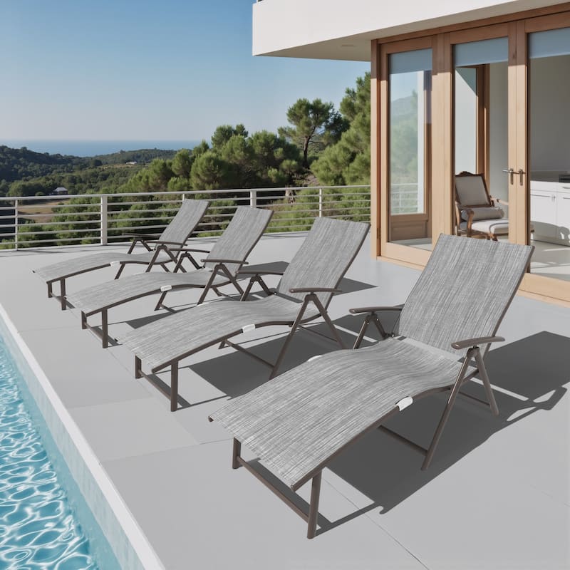 Outdoor Adjustable Aluminum Patio Folding Chaise Lounge Chair - Fabric in Black&Gray Mixed - 4PC